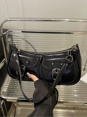 Black Patent Leather Shoulder Bag with Front Buckle Pockets